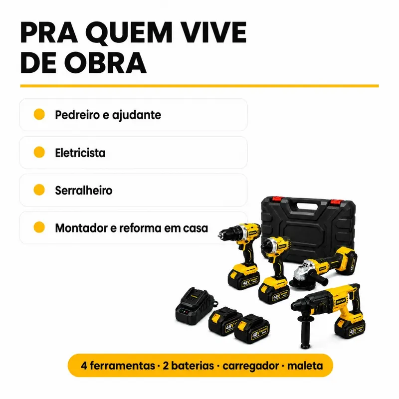 Kit de Ferramentas Elétricas Sem Fio 4 em 1 48V com Martelete, Esmerilhadeira, Chave de Impacto, Furadeira e 2 Baterias de Lítio — imagem 7