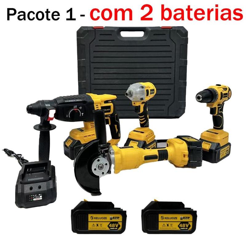 Kit de Ferramentas Elétricas Sem Fio 4 em 1 48V com Martelete, Esmerilhadeira, Chave de Impacto, Furadeira e 2 Baterias de Lítio — imagem 11