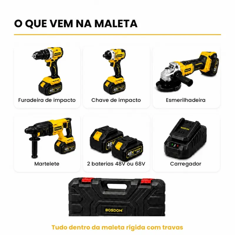 Kit de Ferramentas Elétricas Sem Fio 4 em 1 48V com Martelete, Esmerilhadeira, Chave de Impacto, Furadeira e 2 Baterias de Lítio — imagem 4