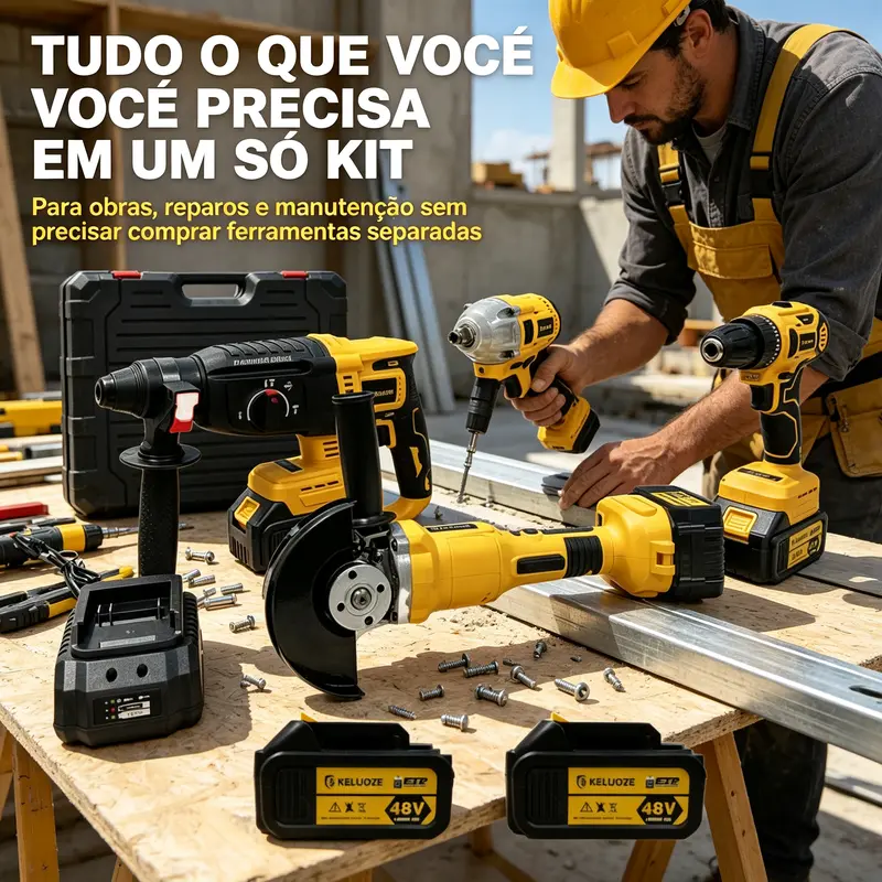 Kit de Ferramentas Elétricas Sem Fio 4 em 1 48V com Martelete, Esmerilhadeira, Chave de Impacto, Furadeira e 2 Baterias de Lítio — imagem 3