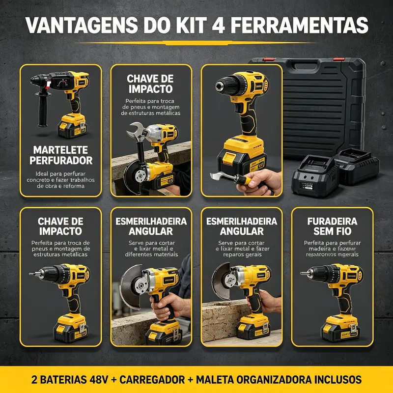 Kit de Ferramentas Elétricas Sem Fio 4 em 1 48V com Martelete, Esmerilhadeira, Chave de Impacto, Furadeira e 2 Baterias de Lítio — imagem 9