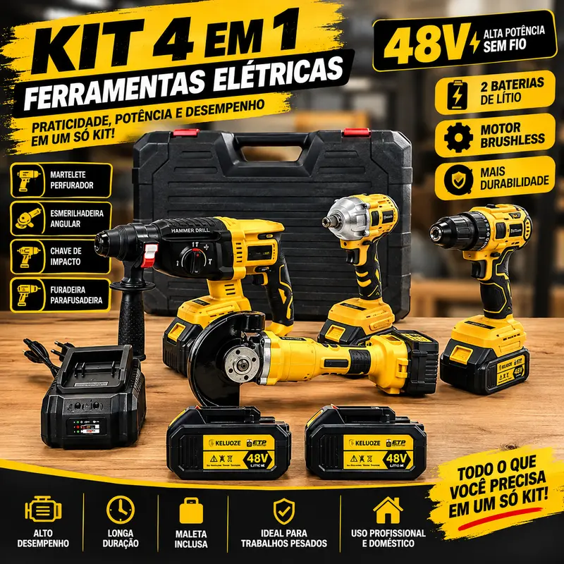 Kit de Ferramentas Elétricas Sem Fio 4 em 1 48V com Martelete, Esmerilhadeira, Chave de Impacto, Furadeira e 2 Baterias de Lítio — imagem 2